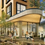 A nrendering of a modern looking building with storefront below and living units above.