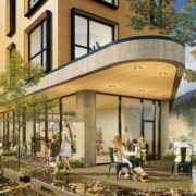 A nrendering of a modern looking building with storefront below and living units above.