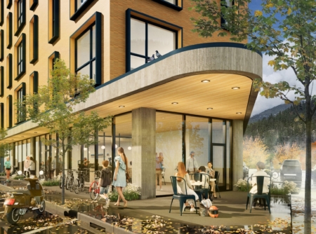 A nrendering of a modern looking building with storefront below and living units above.