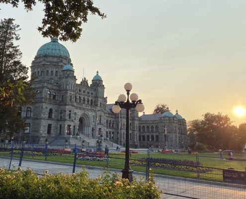 BC Legislature at sunset.